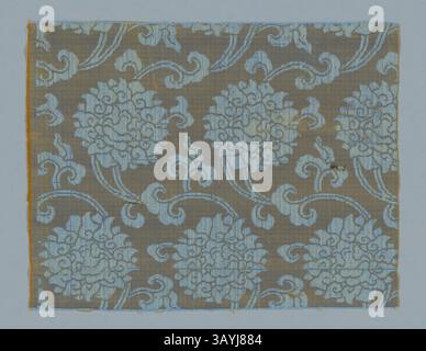 A textured fabric adorned with intricate floral patterns in soft blue against a muted background, showcasing elegant swirls and detailed designs. Fragment, 18th century, late Edo period (1789–1868)/ Meiji period (1868–1912), China or Japan, China, Damask, silk., 23.7 × 30.2 cm (9 3/8 × 11 7/8 in.)  Classic art with a modern twist reimagined by Artotop Stock Photo