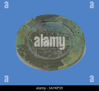 An ornate circular artifact featuring intricate engravings and a central design, displaying signs of age and patina, set against a vibrant blue background. Mirror with TLV Pattern, Eastern Han dynasty (A.D. 25–220), c. 1st century A.D., China, Bronze, Diam. 21.0 cm (8 1/4 in.), thickness 0.5 cm (3/16 in.)  Classic art with a modern twist reimagined by Artotop Stock Photo