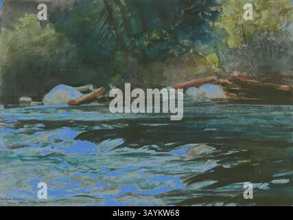 A serene river flows through a lush, wooded landscape, with rocks and fallen branches partially submerged beneath the gentle current. Soft reflections shimmer on the water's surface, while dappled light filters through the surrounding trees, creating a peaceful and tranquil scene. The Rapids, Hudson River, Adirondacks, 1894, Winslow Homer, American, 1836-1910, United States, Transparent watercolor, with traces of opaque watercolor, blotting, and scraping, over graphite, on thick, rough-textured, ivory wove paper, 384 x 546 mm  Classic art with a modern twist reimagined by Artotop Stock Photo