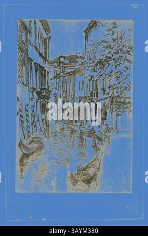 A serene canal scene captures the charm of narrow buildings lining the water, with graceful boats gently floating. The play of light and reflections adds a dreamy quality to this tranquil waterway. Quiet Canal, 1879/80, James McNeill Whistler, American, 1834-1903, United States, Etching and drypoint with foul biting in black ink on ivory laid paper, 229 x 153.5 mm (plate), 285 x 186 mm (sheet)  Classic art with a modern twist reimagined by Artotop Stock Photo