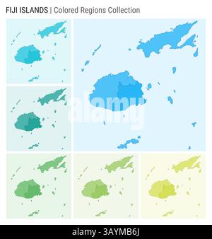 Fiji map collection. Country shape with colored regions. Light Blue, Cyan, Teal, Green, Light Green, Lime color palettes. Stock Vector
