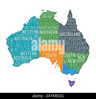 Australia shape. Country word cloud with region division. Australia colored illustration. Region names cloud. Vector illustration. Stock Vector