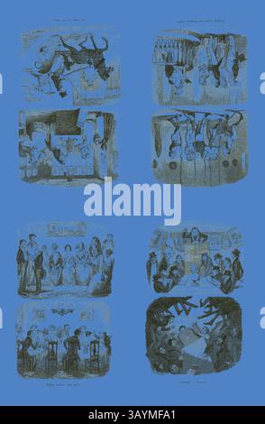 A collage of various scenes depicting social interactions and gatherings, showcasing a mix of characters engaged in conversations, dining, and activities in diverse settings. The arrangement includes both lively and contemplative moments, highlighting the dynamics of human relationships. The Shop and the Shay from George Cruikshank’s Steel Etchings to The Comic Almanacks: 1835-1853 (top left), 1842, printed c. 1880, George Cruikshank (English, 1792-1878), published by Pickering & Chatto (English, 19th century), England, Four steel etchings in black on cream India paper, laid down on off-white Stock Photo