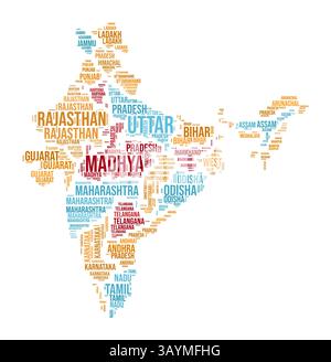 India Word Cloud. Country shape with state division. India typography style image. State names tag clouds. Vector illustration. Stock Vector