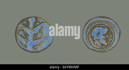 Two ancient coins featuring intricate designs, one displaying a stylized tree or plant motif, while the other showcases a circular pattern with a detailed face or figure, indicating historical significance and craftsmanship. Coin Depicting Silphium Plant, 480/435 BC, Greek, Barce, Silver, Diam. 1.4 cm, 3.19 g  Classic art with a modern twist reimagined by Artotop Stock Photo
