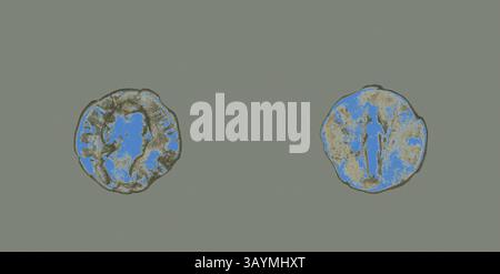 Two circular forms are depicted, each displaying intricate textures and colors. The left circle features a mix of earthy tones, while the right circle showcases a more vibrant blue, suggesting a contrast between natural landscapes and water. These organic patterns evoke a sense of abstract representation of different terrains. Denarius (Coin) Portraying Empress Faustina the Elder, AD 141, Roman, Milan, Silver, Diam. 1.8 cm, 2.80 g  Classic art with a modern twist reimagined by Artotop Stock Photo