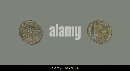 Two ancient coins are displayed, each featuring unique intricate designs and inscriptions. The left coin showcases several small symbols or dots, while the right coin presents a different pattern, possibly depicting historical figures or elements. The texture and age of the coins suggest they hold significant historical value. Coin Depicting the God Zeus and Consort (?), about 137/127 BC, Phoenician, Ancient Mediterranean, Bronze, Diam. 1.6 cm, 2.77 g  Classic art with a modern twist reimagined by Artotop Stock Photo
