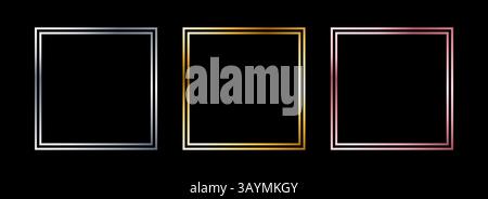 Golden and silver thin frame set. Shiny metal foil border collection. Gold glowing geometric boarder bundle in art deco style. Linear rectangular element pack for photo, cadre, card, emblem. Vector  Stock Vector