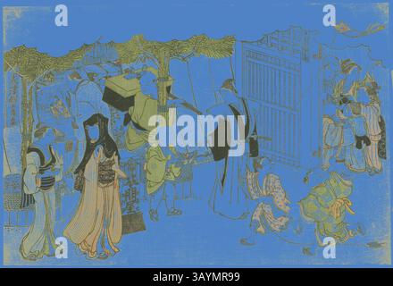 A bustling marketplace scene featuring various figures engaged in daily activities, adorned in traditional attire. In the foreground, a woman in an elegant kimono converses with a child, while others carry goods and interact around vibrant stalls. The backdrop showcases intricate architecture and leafy canopies, enriching the lively atmosphere. The First Day of Business (Akinai hajime), from the illustrated book Colors of the Triple Dawn (Saishiki mitsu no asa), c. 1787, Torii Kiyonaga, Japanese, 1752-1815, Japan, Color woodblock print, oban, page from an illustrated book, 26.1 x 38.8 cm Stock Photo