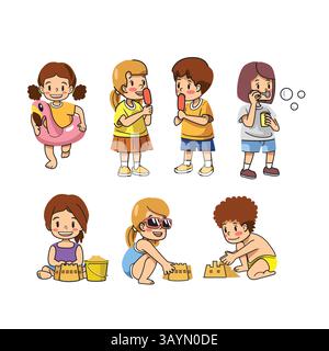 Happy children Summer vacation concept . Cute kids with different pose. vector and illustration. Stock Vector