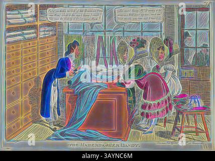 A scene in a textile shop where three women are engaged in sewing and fabric work, with patterns and colors displayed around them, highlighting the craftsmanship of the time. Speech bubbles suggest a conversation about their work and the materials. The Haberdasher Dandy, 1817–20, Charles Williams (English, active 1797-1830), published by Thomas Tegg (English, 1776-1845), England, Etching in black, with hand-colored additions, on cream wove paper, 235 × 330 mm  Classic art with a modern twist reimagined by Artotop Stock Photo