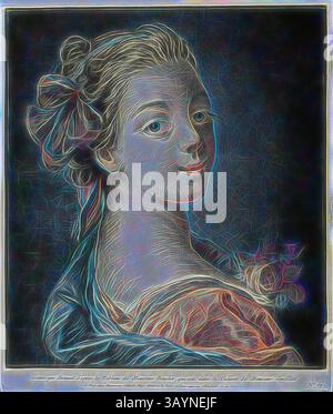 A whimsical portrait of a young woman with delicate features, adorned with a floral headpiece and draped in elegant fabric. Her enigmatic smile and graceful pose evoke a sense of timeless beauty and charm. Bust of a Woman, c. 1771, Louis-Marin Bonnet (French, 1736-1793), after François Boucher (French, 1703-1770), France, Crayon-manner engraving, with etching, in blue, red, and black, from three plates, on paper, 414 × 350 mm (image), 423 × 360 mm (sheet, cut within plate mark)  Classic art with a modern twist reimagined by Artotop Stock Photo