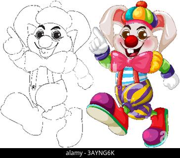 Vibrant vector illustration of a playful rabbit clown with colorful attire and cheerful expression, showcasing dynamic composition and bold outlines Stock Vector