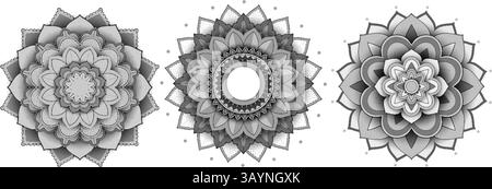 Three detailed mandala patterns in grayscale tones Stock Vector