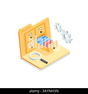 Isometric vector icon of open folder with archive and magnifying glass, in color on white background, working with data or storing documentation Stock Vector