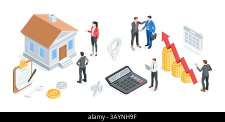isometric vector concept with people and icons house and money chart with arrow and calculator, in color on white background, real estate and finance Stock Vector