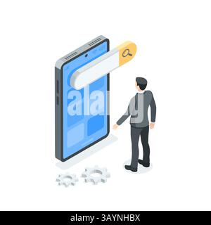 isometric vector business man in suit standing near smartphone with search field on screen, in color on white background, mobile apps or search Stock Vector