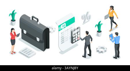 isometric vector business men and women work in team with statistics, in color on white background, financial data analysis and processing Stock Vector