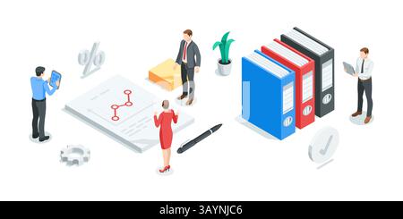 isometric vector business men and women work in team with statistics, in color on white background, financial data analysis and processing Stock Vector