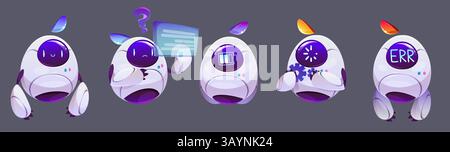 Chatbot AI character set - curious robot assistants. Quirky bots express confusion, show low battery, settings and error message. Friendly androids engage users, guide conversations, provide help. Stock Vector