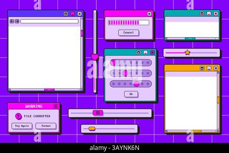 Retro ui interface elements set - browser windows, error pop up, loading bar, form and buttons. Pink purple 90s style widgets collection on neon grid background for website design, game menu screen. Stock Vector