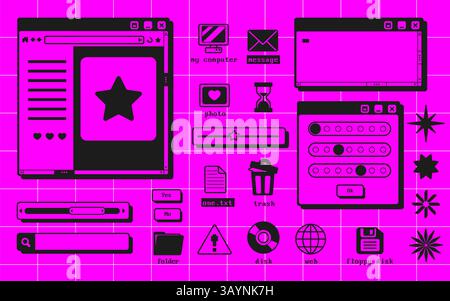 Retro user interface elements set - browser window, message box dialogs, folder and file type icons. Vibrant pink color neon grid background. 90s style widget kit for computer game, website design. Stock Vector