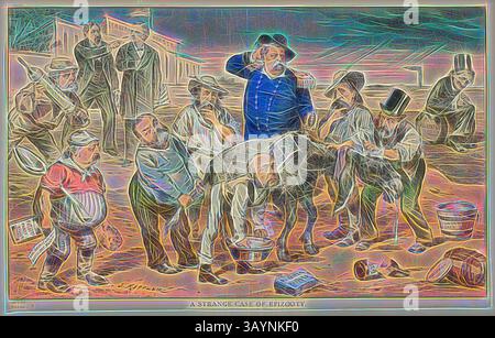 A group of diverse characters gathers around a donkey, showcasing a comedic scene with exaggerated expressions and clothing styles from the past. The individuals appear engaged in a peculiar activity, evoking a sense of curiosity and humor. A Strange Case of Epizooty, from Puck, n.d., Joseph Keppler, American, 1838-1894, United States, Color lithograph on newsprint, 285 x 470 mm (image), 300 x 470 mm (sheet)  Classic art with a modern twist reimagined by Artotop Stock Photo