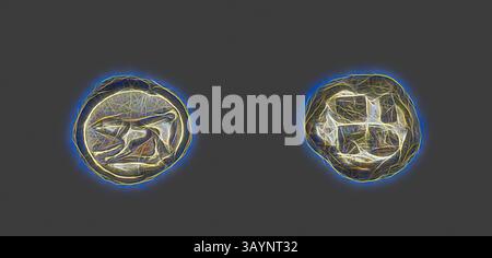 Two circular objects with intricate designs, one featuring a stylized animal figure and the other displaying geometric patterns, surrounded by a glowing aura. Stater (Coin) Depicting a Crouching Dog, 5th century BC, Greek, Mysia, Electrum, Diam. 1.9 cm, 16.05 g  Classic art with a modern twist reimagined by Artotop Stock Photo