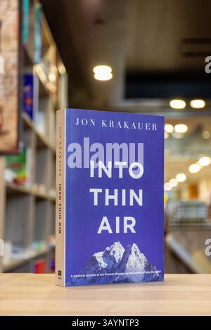 Close-up of Jon Krakauer's Into Thin Air Book in the bookstore. Stock Photo