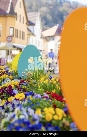 Colourful spring decoration with Easter eggs and flowers in a town, Nagold, Black Forest, Germany, Europe Stock Photo