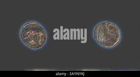 Two circular forms, each displaying intricate, swirling patterns of light and texture, contrasted against a dark background, create an intriguing visual harmony. Coin Depicting the God Zeus and Consort (?), about 137/127 BC, Phoenician, Ancient Mediterranean, Bronze, Diam. 1.6 cm, 2.77 g  Classic art with a modern twist reimagined by Artotop Stock Photo