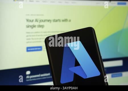 Dhaka, Bangladesh - 17 March 2025: The logo of the microsoft azure is displayed on a smartphone screen, and the website microsoft azure is visible on Stock Photo