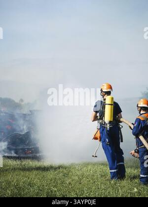 Two firefighters with a water jet fight a fire in a meadow while smoke rises Stock Photo
