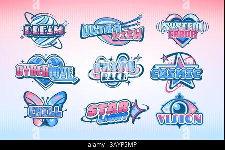 Y2k icons and retro stickers with abstract stars, planet globe, hearts and eye, butterfly, swirls and sparks. Vintage futuristic figures and retro y2k Stock Vector