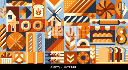 Geometric bread and pastry pattern, featuring wheat and bakery symbols in retro color palette of orange, blue, cream and brown. Vector abstract mosaic Stock Vector