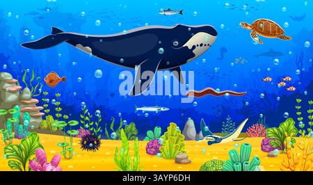 Cartoon underwater landscape. Blue whale, turtle, fish shoal and ...