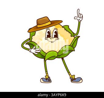 Cartoon groovy cauliflower cabbage cowboy and bandit vegetable character wearing retro cowpuncher hat, standing with finger up and friendly smile. Iso Stock Vector