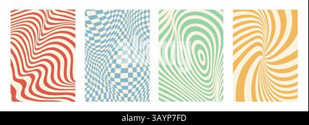 Psychedelic groovy patterns. Vector set of abstract vibrant wavy and distorted optical illusions in retro color palettes. Warped striped and checkered Stock Vector