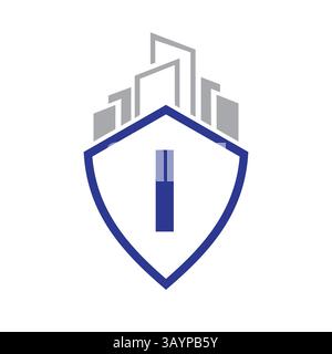 Real Estate Logo On Letter I Concept With Building and Shield Symbol Vector Template Stock Vector