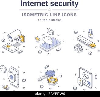 Isometric line icons depicting internet security, emphasizing data protection, secure transactions, and user privacy in a clear and informative style. Stock Vector