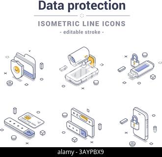 Collection of isometric line icons illustrates various data protection concepts, including secure storage, encryption, and surveillance. Modern vector Stock Vector