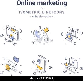 Set of isometric line icons representing various aspects of online marketing, including social media, analytics, and email campaigns. Perfect for digi Stock Vector