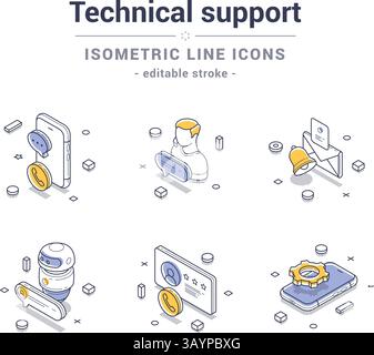 Isometric line icon set representing technical support services through various elements, including a smartphone, chat bubble, and user profile. It sh Stock Vector