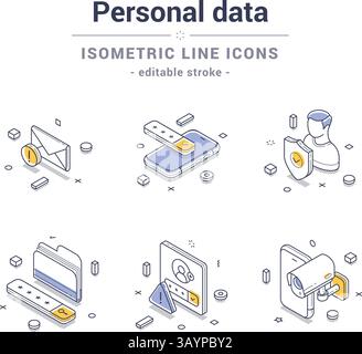 Collection of isometric line icons showcasing various personal data elements like envelopes, documents, and user profiles. Vector illustration Stock Vector