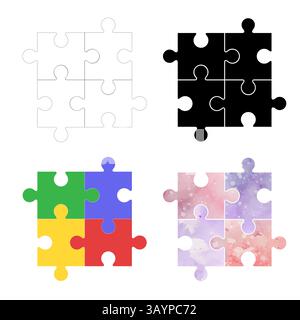 Vector icons set of colorful, contour, black silhouette and watercolor puzzles. Collection of educational game for stickers and logos Stock Vector