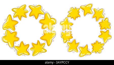 Vector set of round borders with various cartoon stars with scribble strokes. Magical circle frames of yellow stars with copy space for invitation Stock Vector