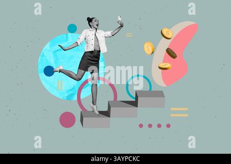 Poster trend collage of person on stairs use gadget reach money on green background Stock Photo