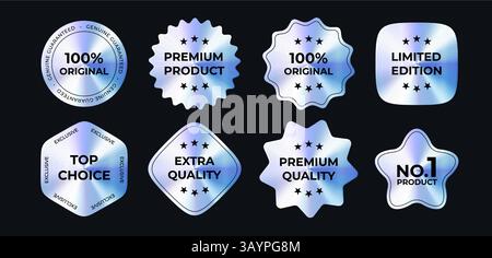 Luxury Holographic Badges Set With Premium Product Labels On Dark Background. Metallic Gradient Stickers Collection For Branding, Packaging, Promotion Stock Vector