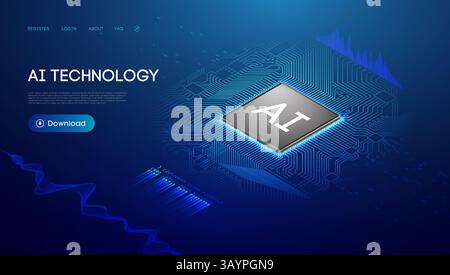Futuristic 3D isometric PCB with AI chips BG. Blue Quantum Processor digital abstract design. Cloud data lines of smart semiconductor technology Stock Vector