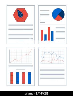 Business reports with charts and graphs 2D cartoon objects set Stock Vector